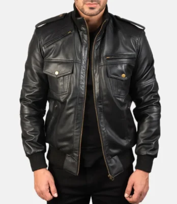 Men's Agent Shadow Black Leather Bomber Jacket