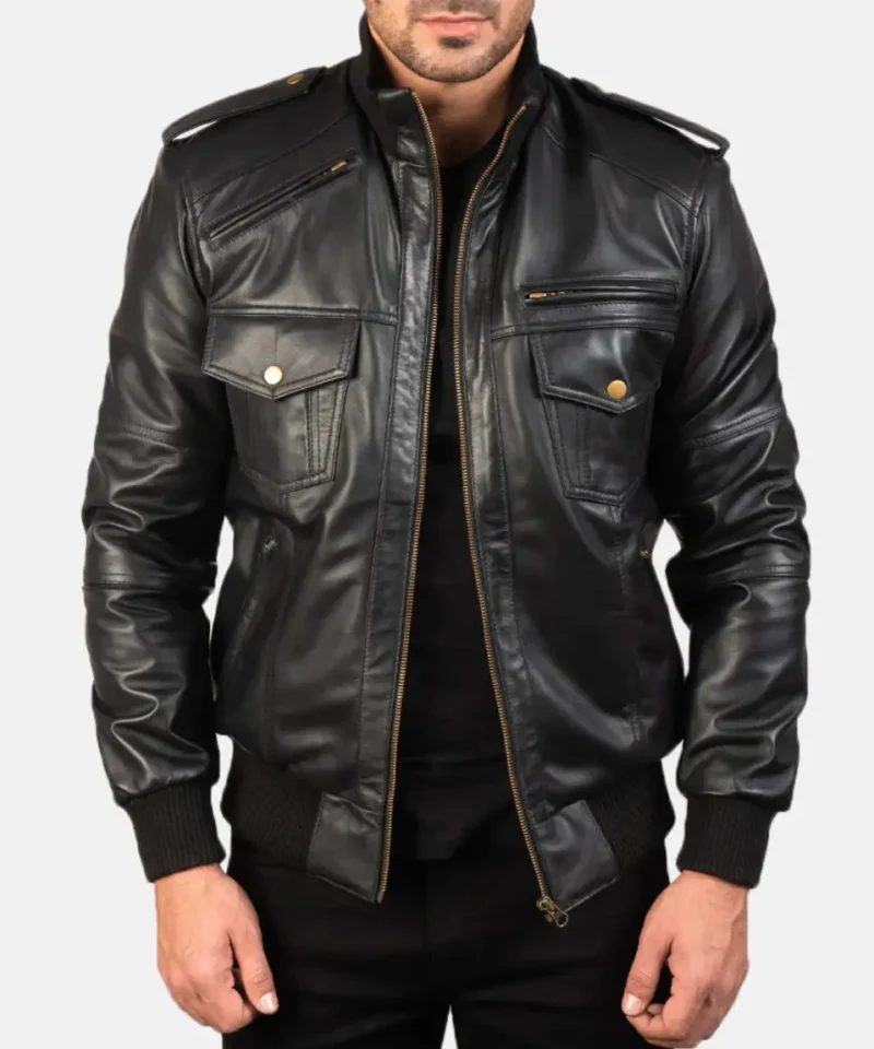 Men's Agent Shadow Black Leather Bomber Jacket