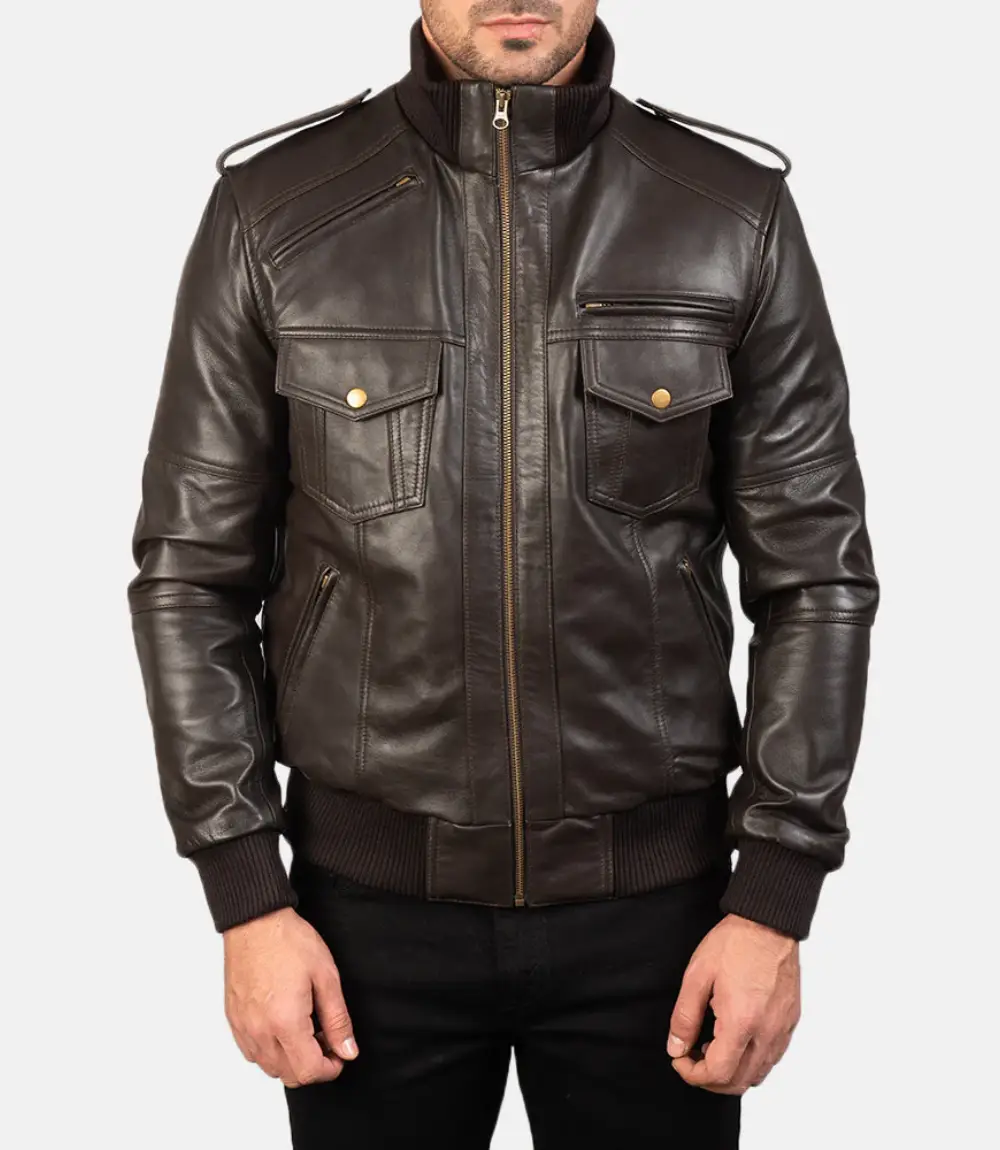 Men's Agent Shadow Brown Leather Bomber Jacket