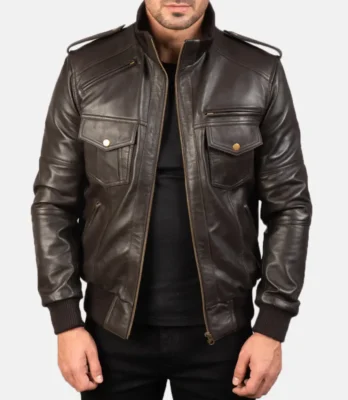 Men's Agent Shadow Brown Leather Bomber Jacket