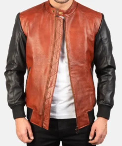 Men's Avan Black & Maroon Leather Bomber Jacket