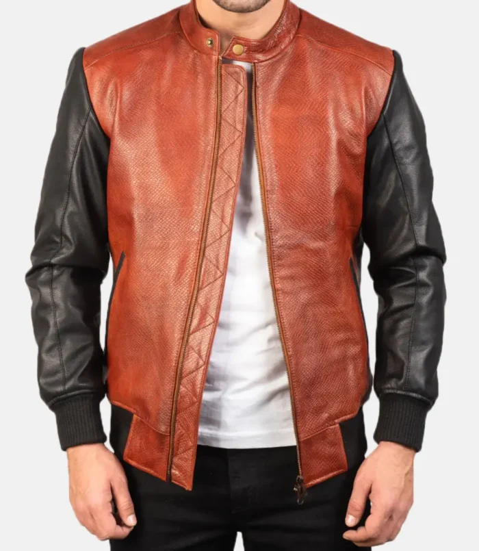 Men's Avan Black & Maroon Leather Bomber Jacket