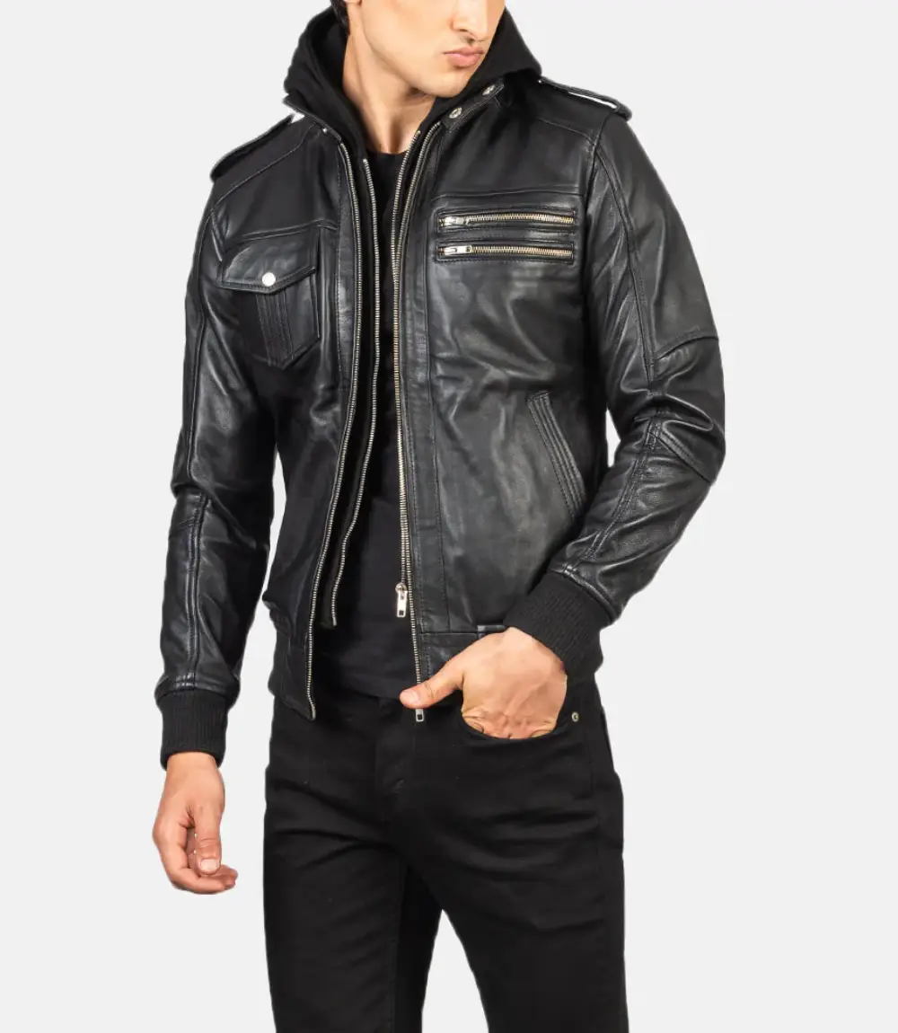 Men's Bravado Black Hooded Leather Bomber Jacket