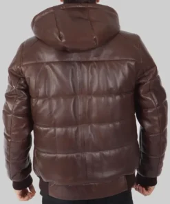 Men's Brown Cart Hooded Puffer Leather Jacket