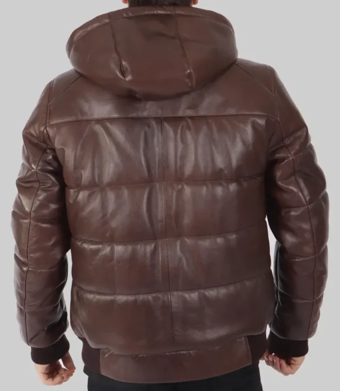 Men's Brown Cart Hooded Puffer Leather Jacket