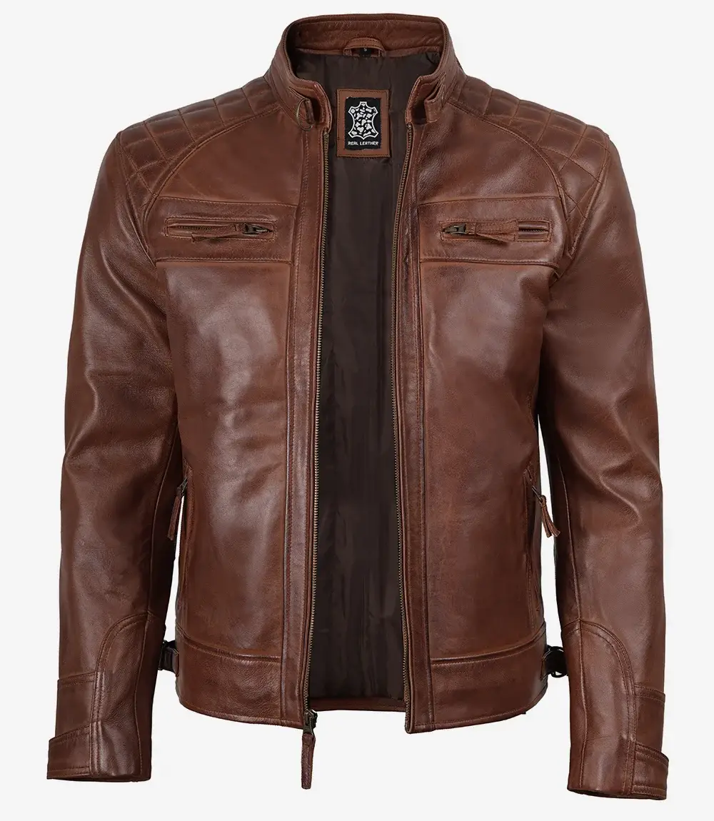 Men’s Cognac Brown Quilted Leather Biker Style Jacket