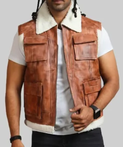 Men’s Jimmy Brown Shearling Collar Vintage Leather Vest
