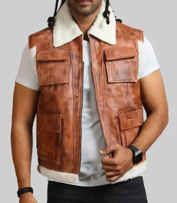 Men’s Jimmy Brown Shearling Collar Vintage Leather Vest