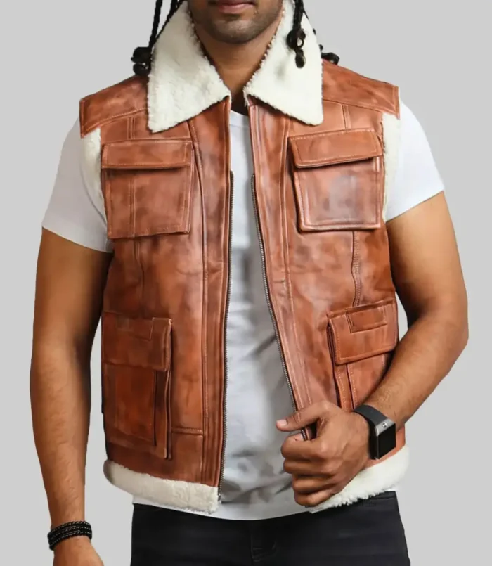 Men’s Jimmy Brown Shearling Collar Vintage Leather Vest