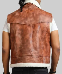 Men’s Brown Jimmy Shearling Collar Vintage Leather Vest
