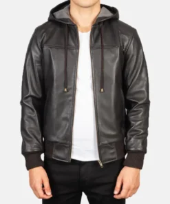 Men's Nintenzo Brown Hooded Leather Bomber Jacket
