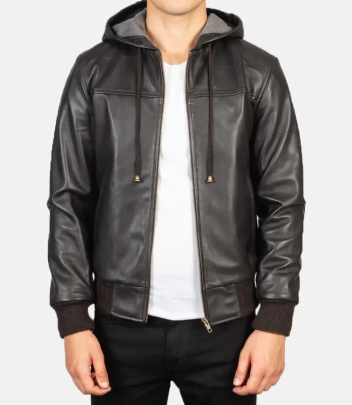 Men's Nintenzo Brown Hooded Leather Bomber Jacket