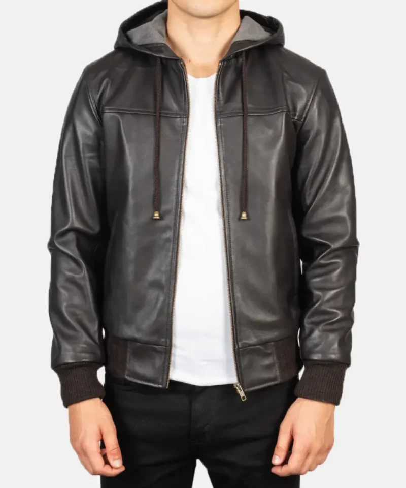 Men's Nintenzo Brown Hooded Leather Bomber Jacket