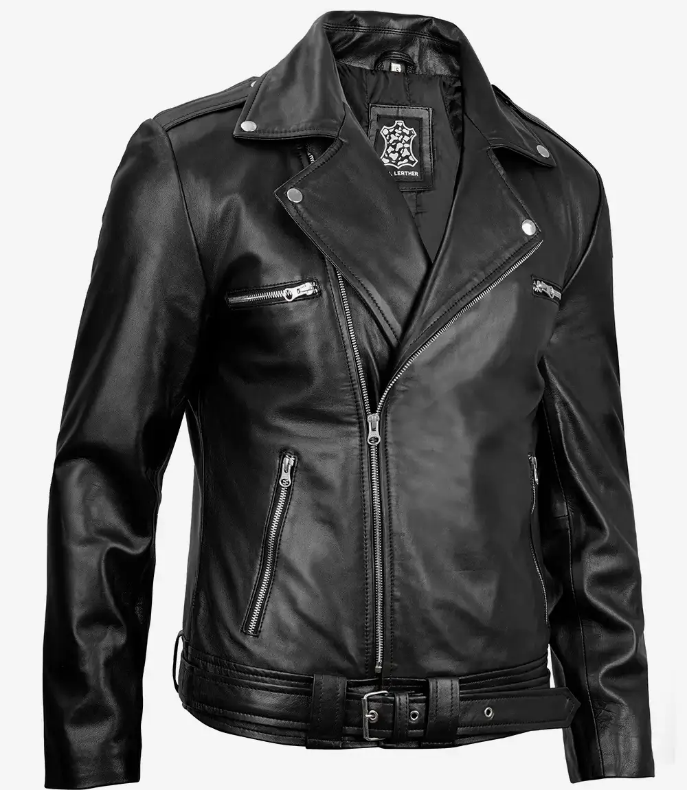 Men's Negan Black Asymmetrical Belted Biker Leather Jacket
