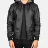 Men's Nintenzo Black Hooded Leather Bomber Jacket