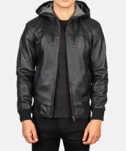 Men's Nintenzo Black Hooded Leather Bomber Jacket