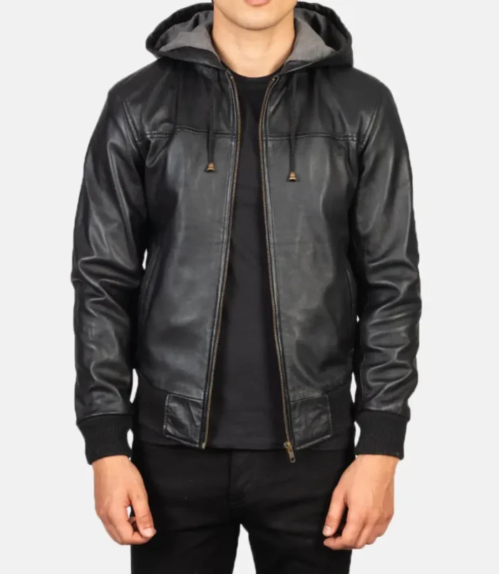 Men's Nintenzo Black Hooded Leather Bomber Jacket