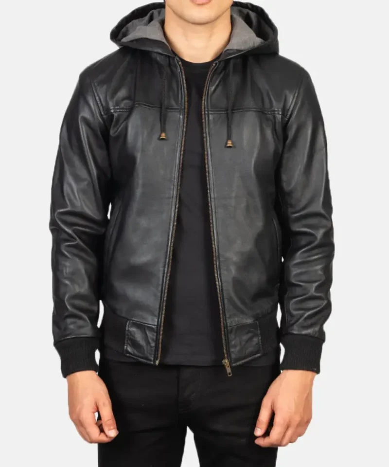 Men's Nintenzo Black Hooded Leather Bomber Jacket