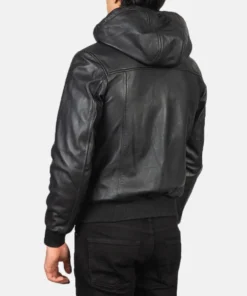 Men's Black Nintenzo Hooded Leather Bomber Jacket
