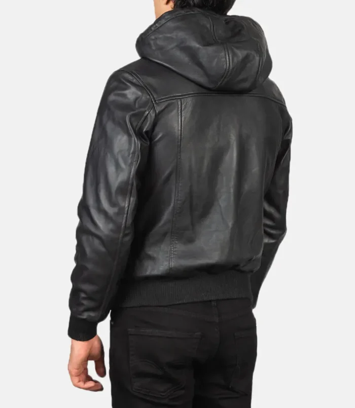 Men's Black Nintenzo Hooded Leather Bomber Jacket
