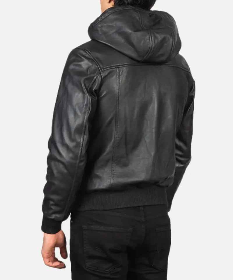 Men's Black Nintenzo Hooded Leather Bomber Jacket