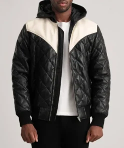 Men's Norman Black Hooded Bomber Leather Puffer Jacket