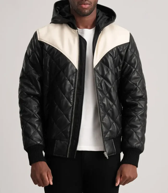 Men's Norman Black Hooded Bomber Leather Puffer Jacket