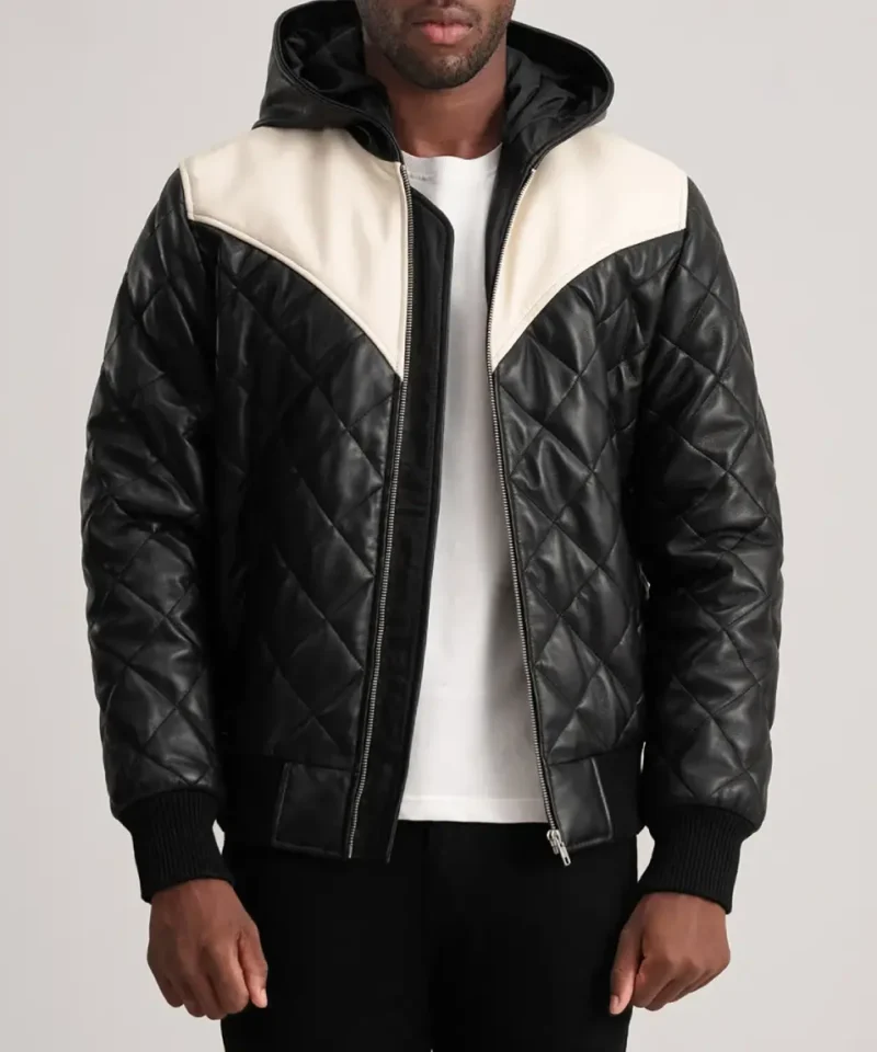Men's Norman Black Hooded Bomber Leather Puffer Jacket