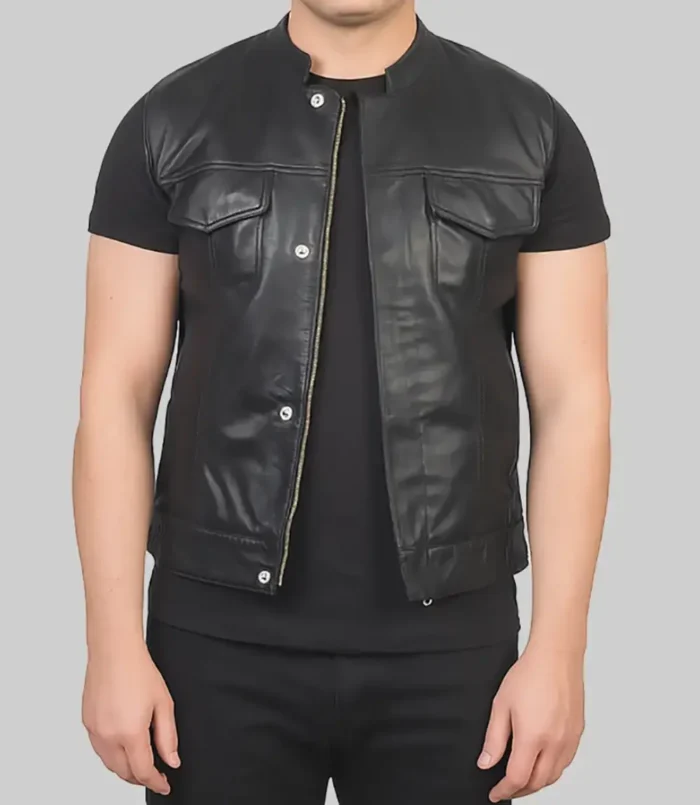 Men's Parker Biker Style Black Leather Vest