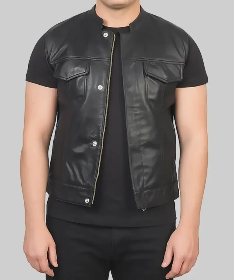 Men's Parker Biker Style Black Leather Vest