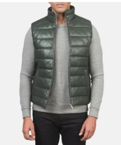 Men's Reeves Green Leather Puffer Vest