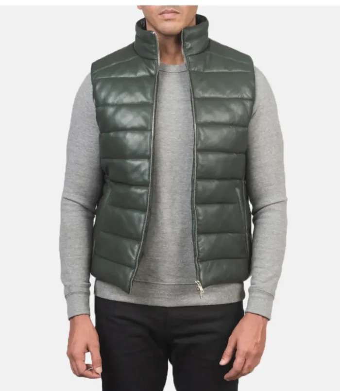 Men's Reeves Green Leather Puffer Vest