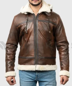 Men’s Theodore Brown Hooded B-3 Bomber Leather Jacket