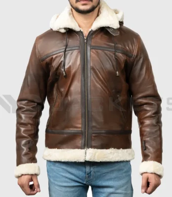 Men’s Theodore Brown Hooded B-3 Bomber Leather Jacket