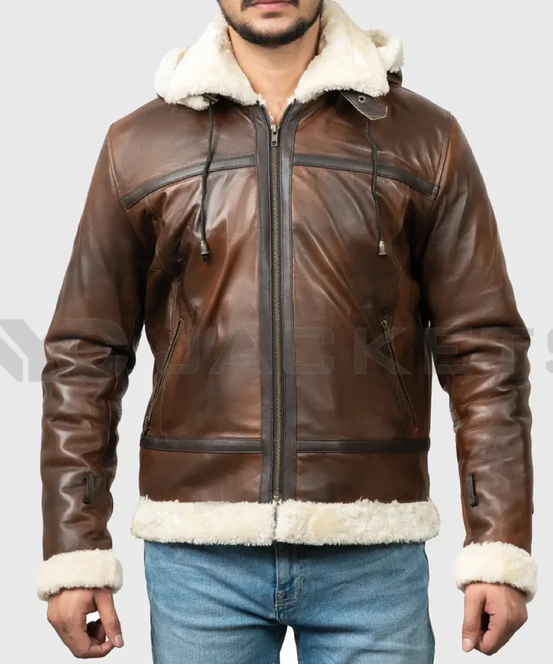 Men’s Theodore Brown Hooded B-3 Bomber Leather Jacket
