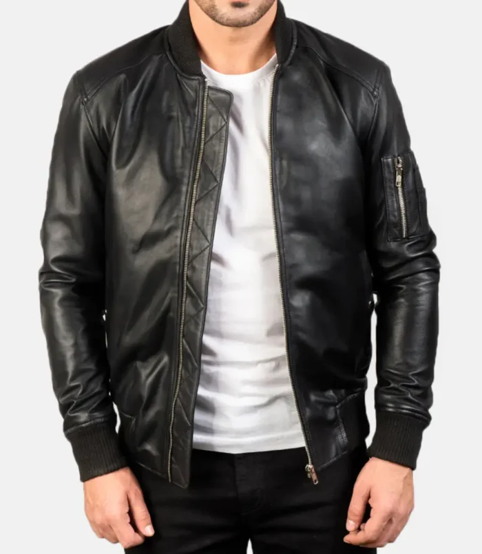 Men's Bomia Ma-1 Black Leather Bomber Jacket