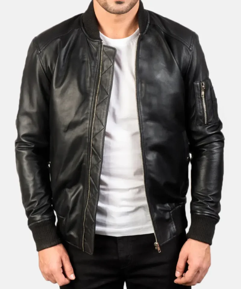 Men's Bomia Ma-1 Black Leather Bomber Jacket