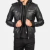 Men's Bravado Black Hooded Leather Bomber Jacket