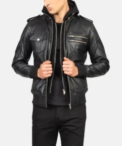 Men's Bravado Black Hooded Leather Bomber Jacket