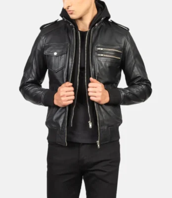 Men's Bravado Black Hooded Leather Bomber Jacket