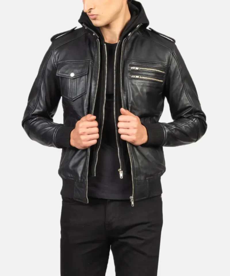 Men's Bravado Black Hooded Leather Bomber Jacket