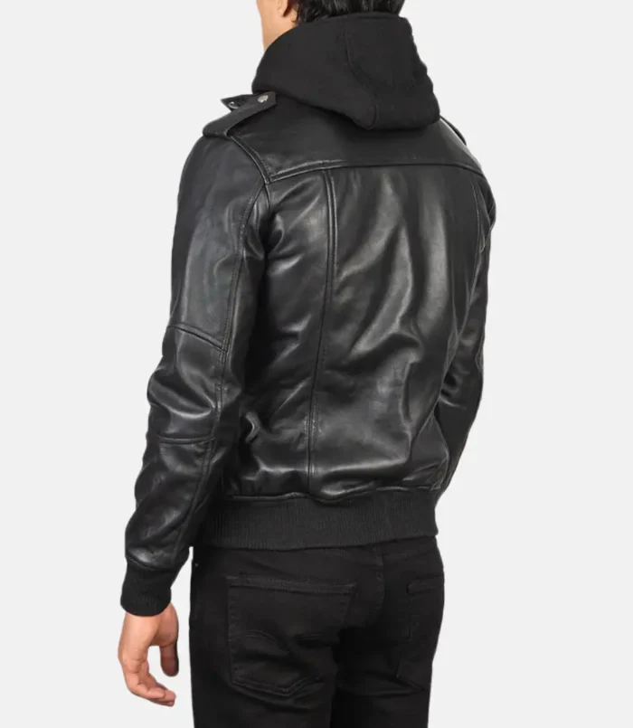 Men's Black Bravado Hooded Leather Bomber Jacket