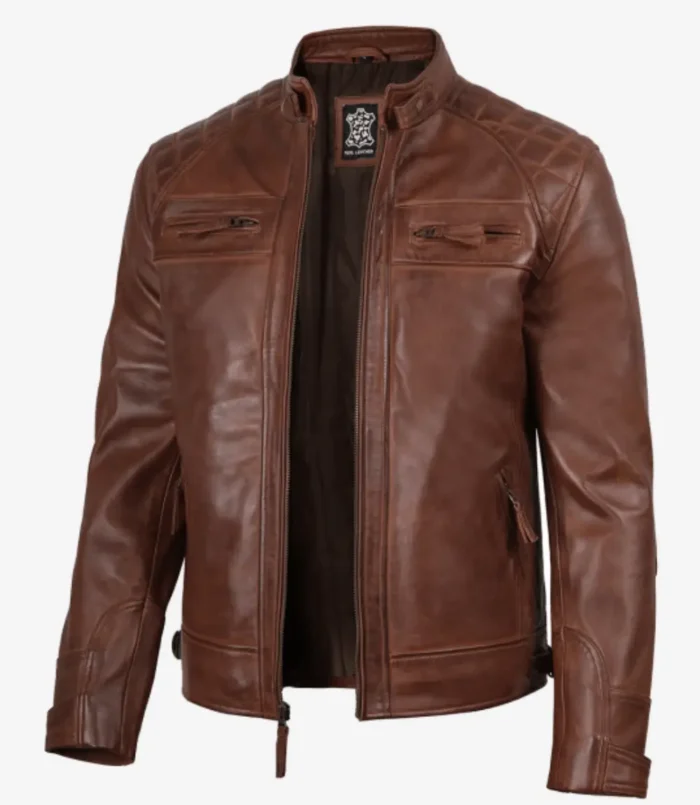 Men’s Cognac Brown Quilted Leather Biker Style Jacket