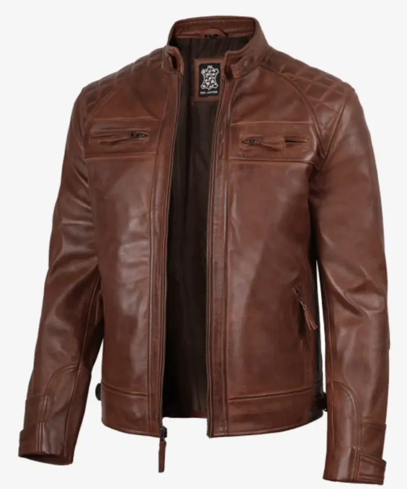 Men’s Cognac Brown Quilted Leather Biker Style Jacket