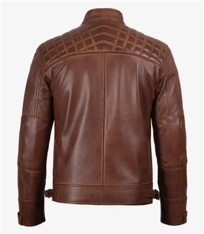 Men’s Brown Cognac Quilted Leather Biker Style Jacket