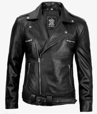 Men's Negan Black Asymmetrical Belted Biker Leather Jacket