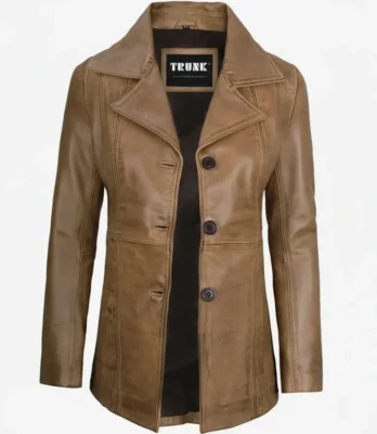 Women's Three Button Camel Brown Leather Blazer