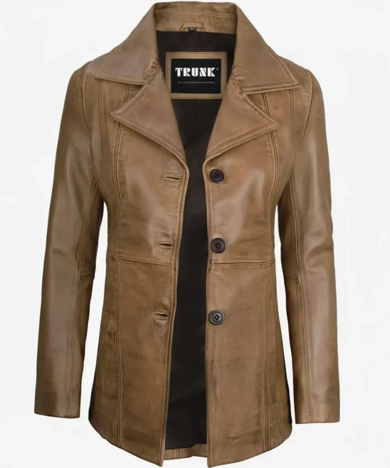 Women's Three Button Camel Brown Leather Blazer