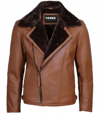 Men's Cognac Brown Leather Shearling Moto Jacket