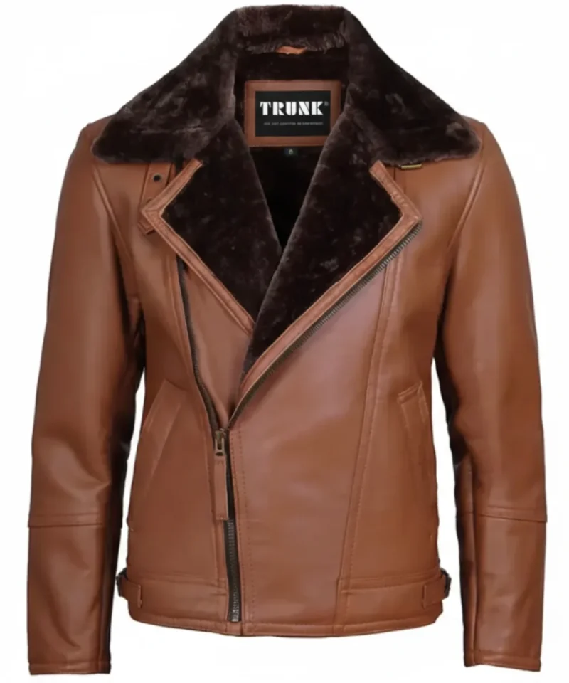 Men's Cognac Brown Leather Shearling Moto Jacket